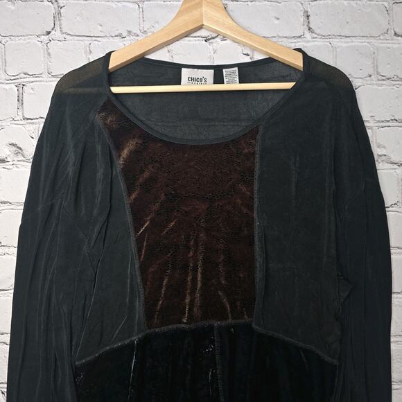 Vintage Chicos Travelers 90s Boho Patchwork Velvet Accent Blouse Size 2 - Picture 2 of 12